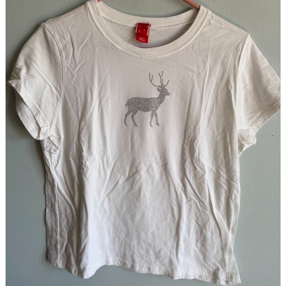 Womens Sparkle Raindeer White‎ Short Sleeve Tee XXL 100% Cotton Casual Festive